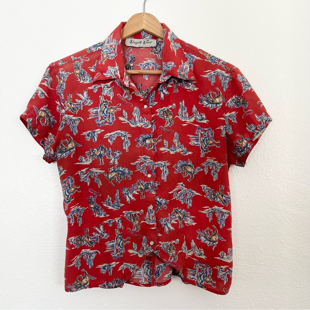Red Western Print Cowgirl Button-Up Blouse